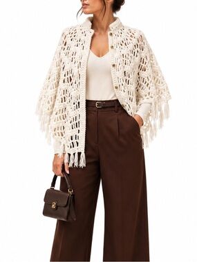 Boho Hand-Crocheted Fringe Shawl Cardigan | Open Knit Poncho | One Size